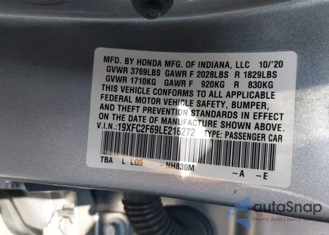 2020 Honda Civic Lx из США, поврежденный, VIN 19XFC2F69LE216272